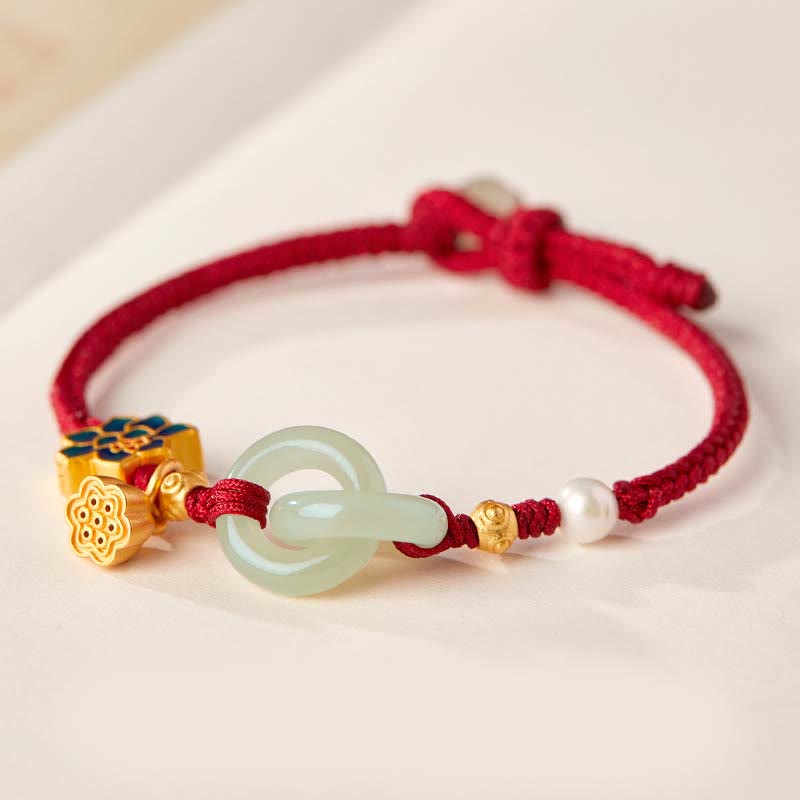 Bracelet porte-bonheur tressé avec boucle de paix en jade de Hetian Foviel motif lotus