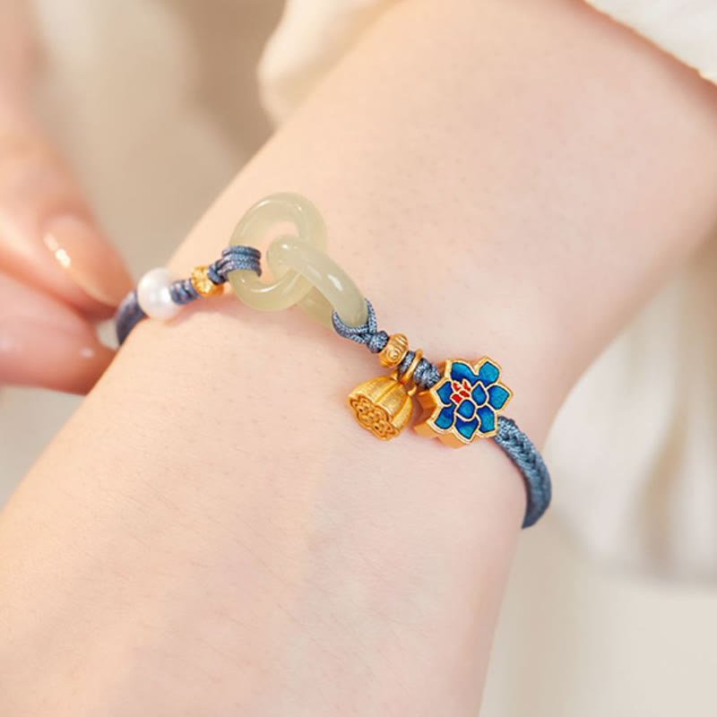 Bracelet porte-bonheur tressé avec boucle de paix en jade de Hetian Foviel motif lotus
