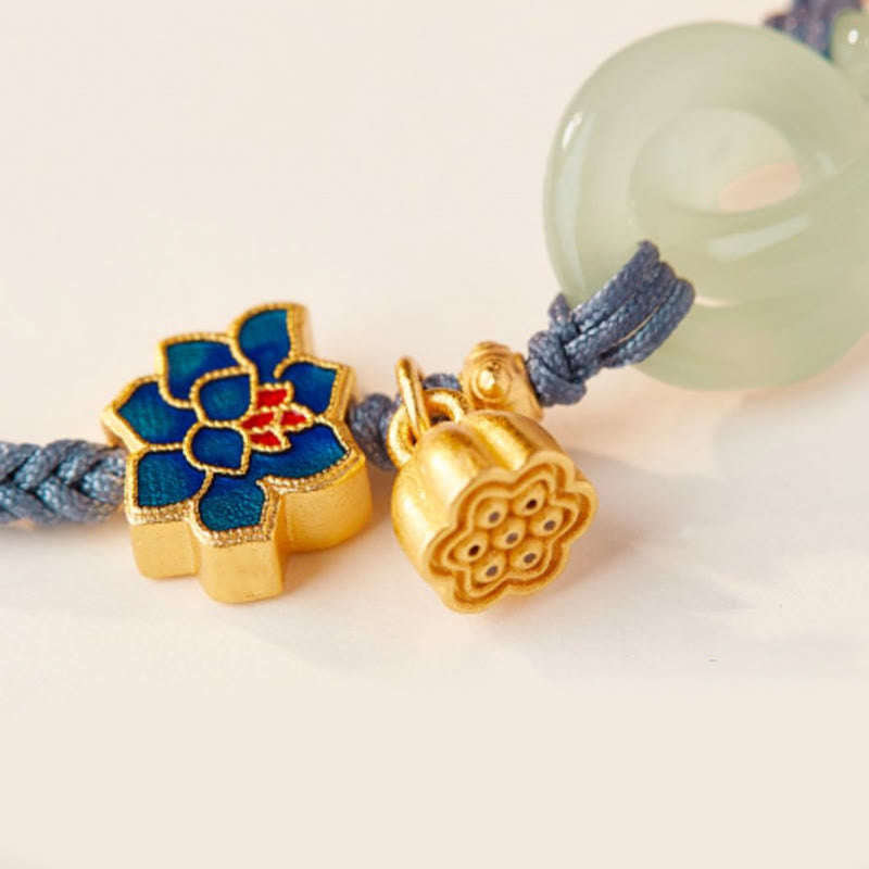 Bracelet porte-bonheur tressé avec boucle de paix en jade de Hetian Foviel motif lotus