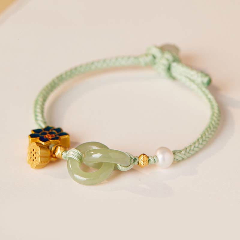 Bracelet porte-bonheur tressé avec boucle de paix en jade de Hetian Foviel motif lotus
