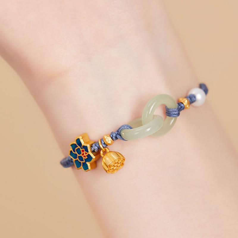 Bracelet porte-bonheur tressé avec boucle de paix en jade de Hetian Foviel motif lotus