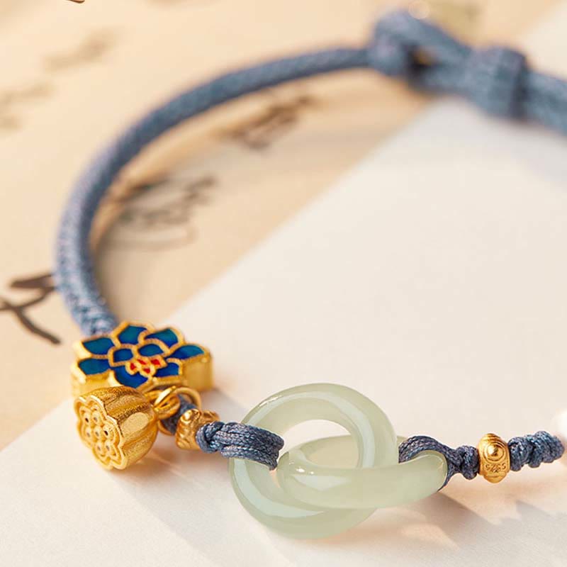 Bracelet porte-bonheur tressé avec boucle de paix en jade de Hetian Foviel motif lotus