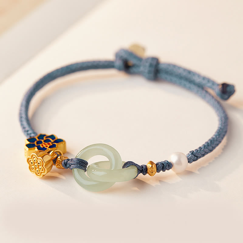Bracelet porte-bonheur tressé avec boucle de paix en jade de Hetian Foviel motif lotus