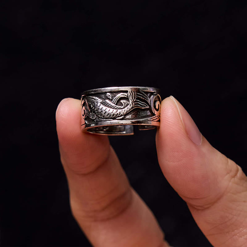 Foviel Koi Fisch Herz Sutra Geschnitzt Design Glück Reichtum Ring