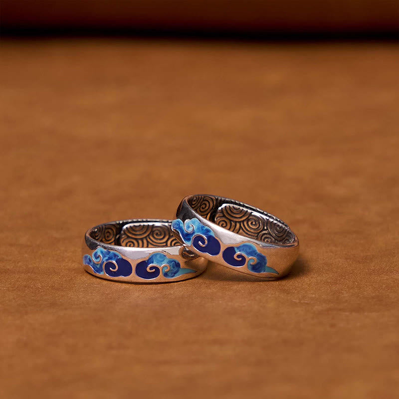 Foviel Blue Auspicious Clouds Pattern Wealth Copper Adjustable Ring