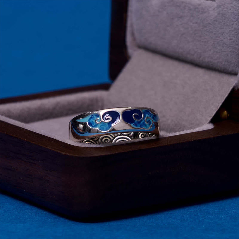 Foviel Blue Auspicious Clouds Pattern Wealth Copper Adjustable Ring