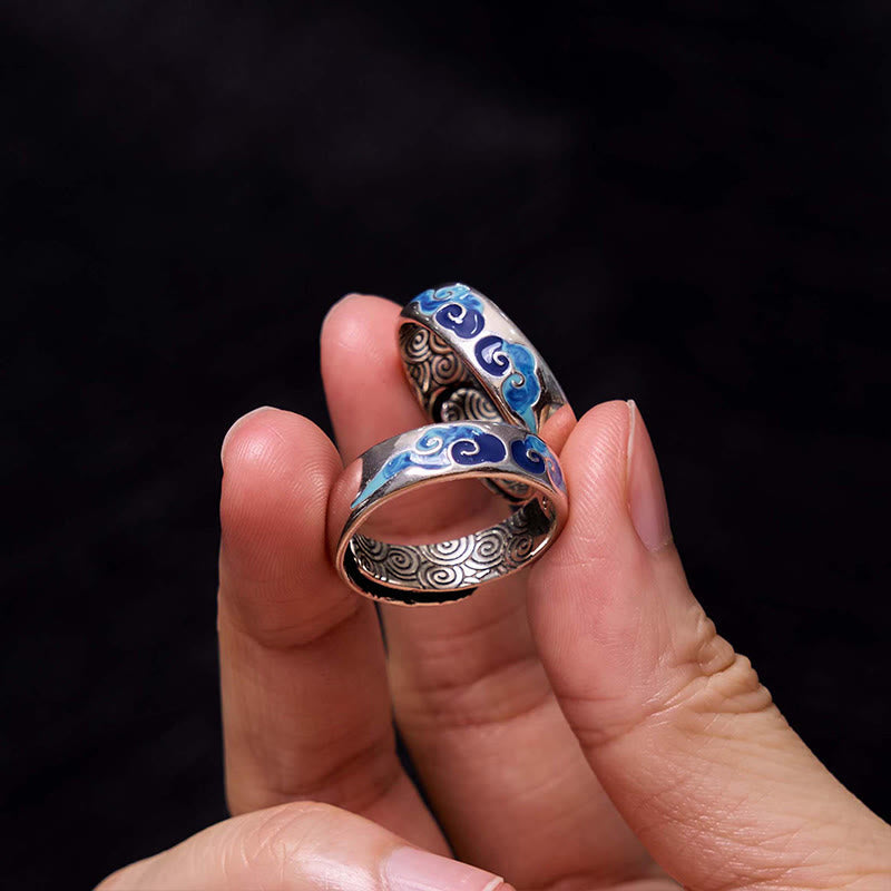 Foviel Blue Auspicious Clouds Pattern Wealth Copper Adjustable Ring