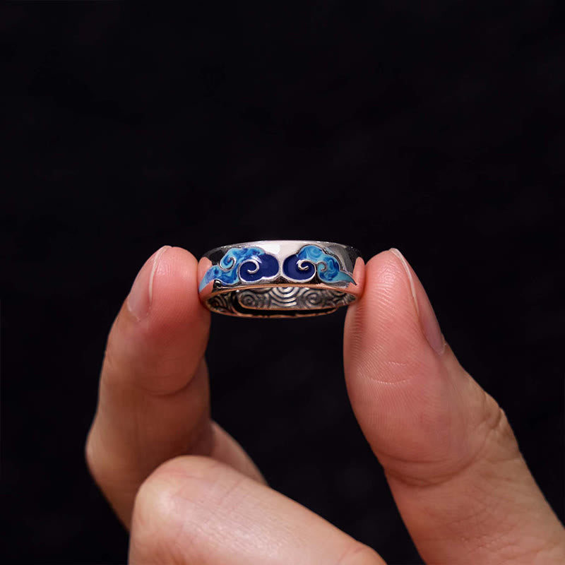 Foviel Blue Auspicious Clouds Pattern Wealth Copper Adjustable Ring