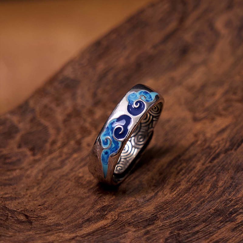 Foviel Blue Auspicious Clouds Pattern Wealth Copper Adjustable Ring