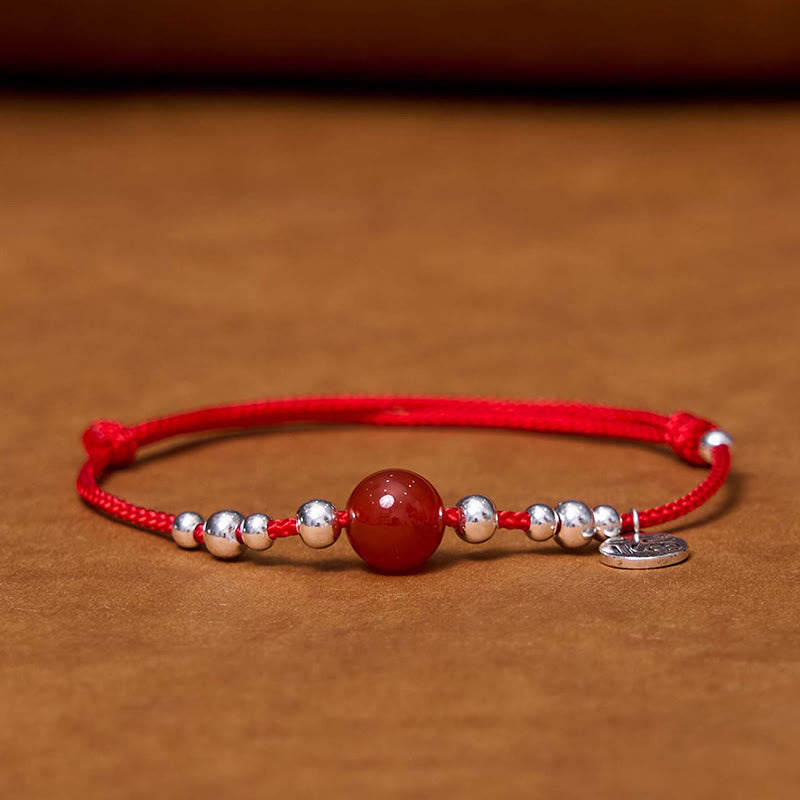 Bracelet Foviel tressé ultra-fin en corde rouge avec caractère « Fu » en argent sterling 925 fait main et agate rouge