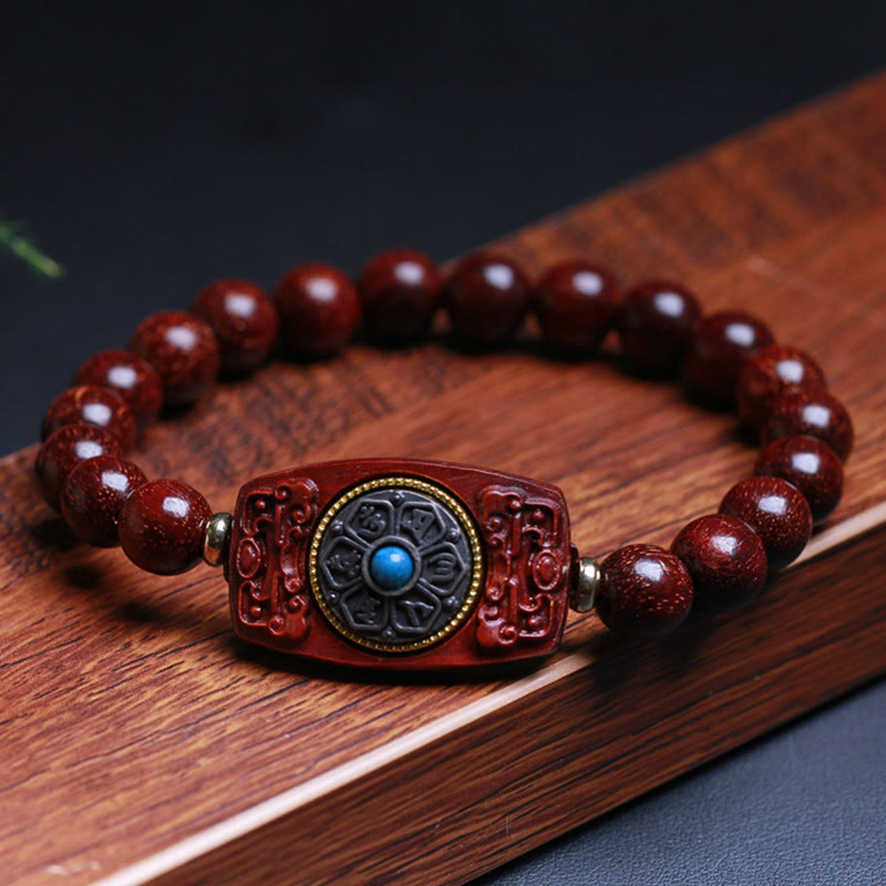Bracelet de paix Foviel à six syllabes en bois de santal rouge à petites feuilles et bois de santal vert