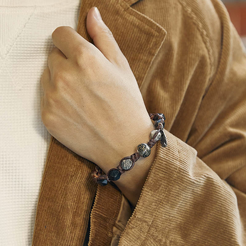 Bracelet tressé fait main à corde de transport en obsidienne argentée et argent sterling 925 Foviel Retro