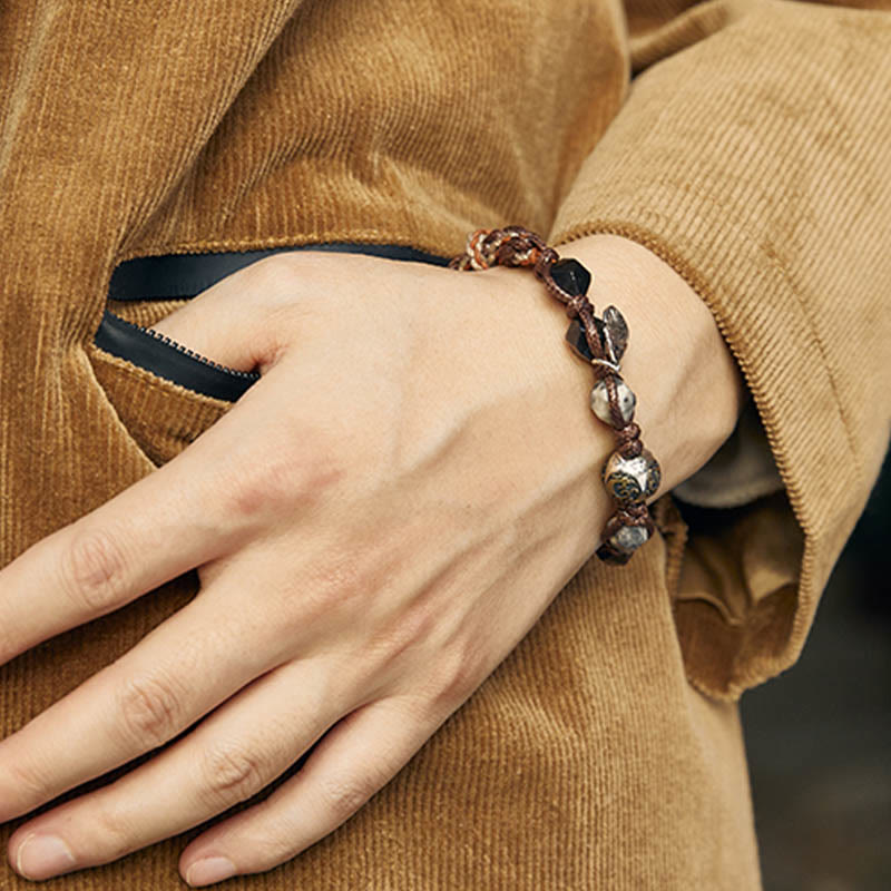 Bracelet tressé fait main à corde de transport en obsidienne argentée et argent sterling 925 Foviel Retro