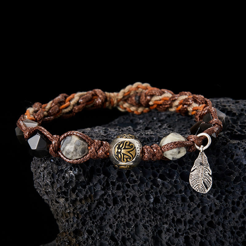 Bracelet tressé fait main à corde de transport en obsidienne argentée et argent sterling 925 Foviel Retro