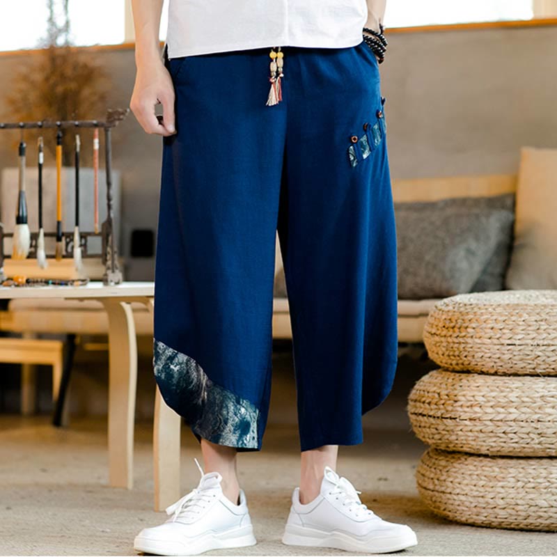 Buddha Stones Patchwork Design Drawstring Cotton Men's Cropped Pants With Pockets - SteelBlue - US/UK/AU46,EU56 (5XL) - image 9