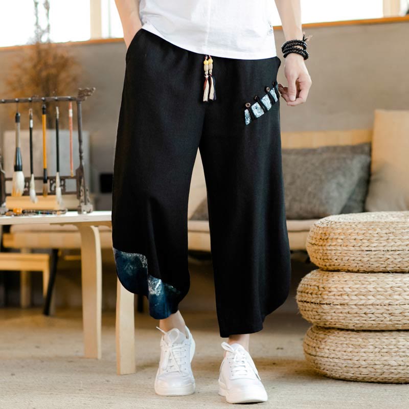 Buddha Stones Patchwork Design Drawstring Cotton Men's Cropped Pants With Pockets - Black - US/UK/AU46,EU56 (5XL) - image 15
