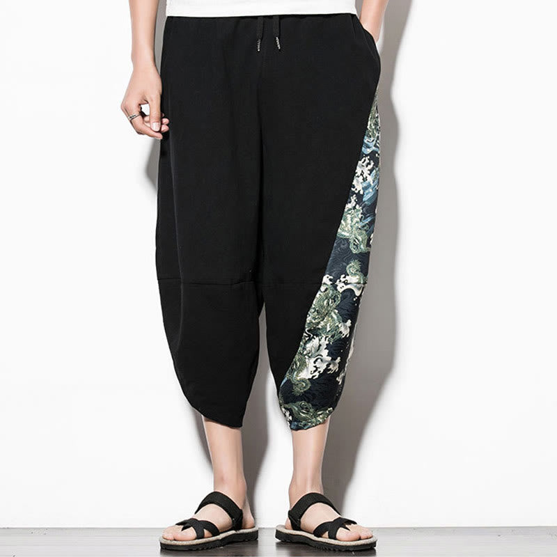 Buddha Stones Green Waves Print Cotton Men's Cropped Harem Pants With Pockets - image 1