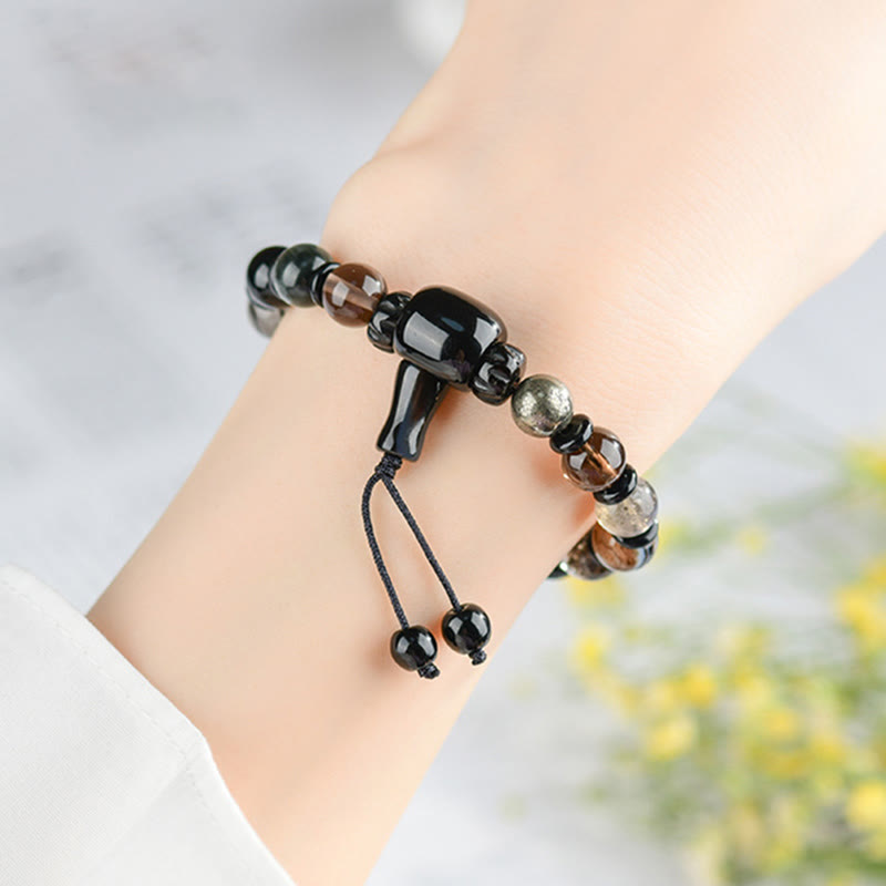 Bracelet Foviel aux cinq éléments avec diverses pierres de cristal et obsidienne noire pour la richesse et la sagesse