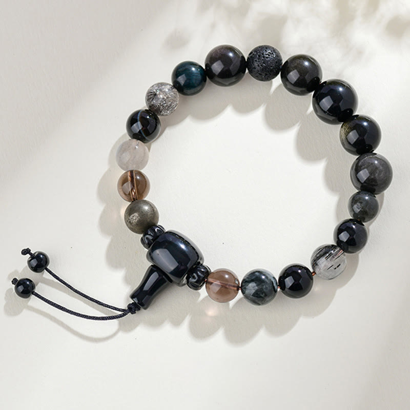 Foviel Five Elements Various Crystal Black Obsidian Wealth Wisdom Bracelet