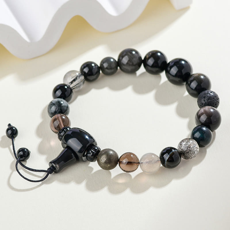 Bracelet Foviel aux cinq éléments avec diverses pierres de cristal et obsidienne noire pour la richesse et la sagesse
