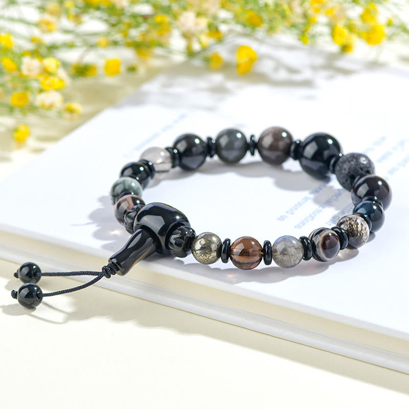 Bracelet Foviel aux cinq éléments avec diverses pierres de cristal et obsidienne noire pour la richesse et la sagesse