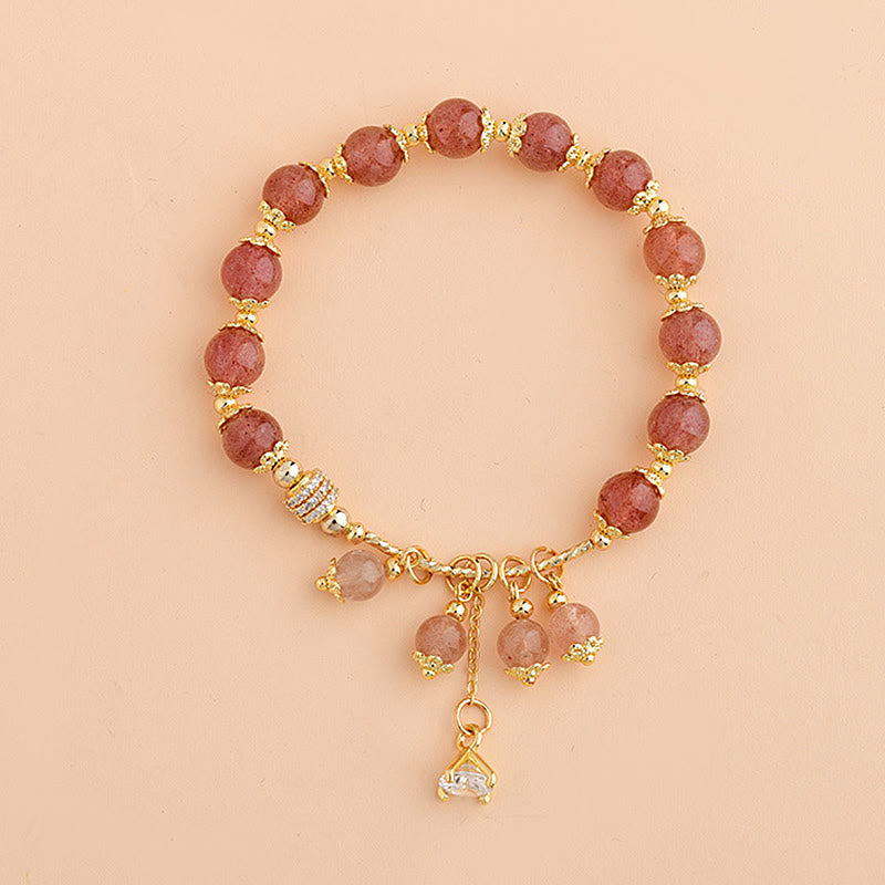Bracelet de guérison en quartz fraise naturel Foviel avec zircon, énergie positive