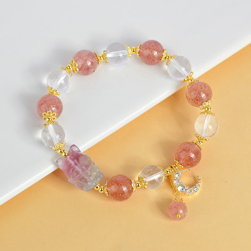 Foviel Natural White Strawberry Quartz Crystal Healing Love Nine Tailed Fox Moon Pendant Bracelet