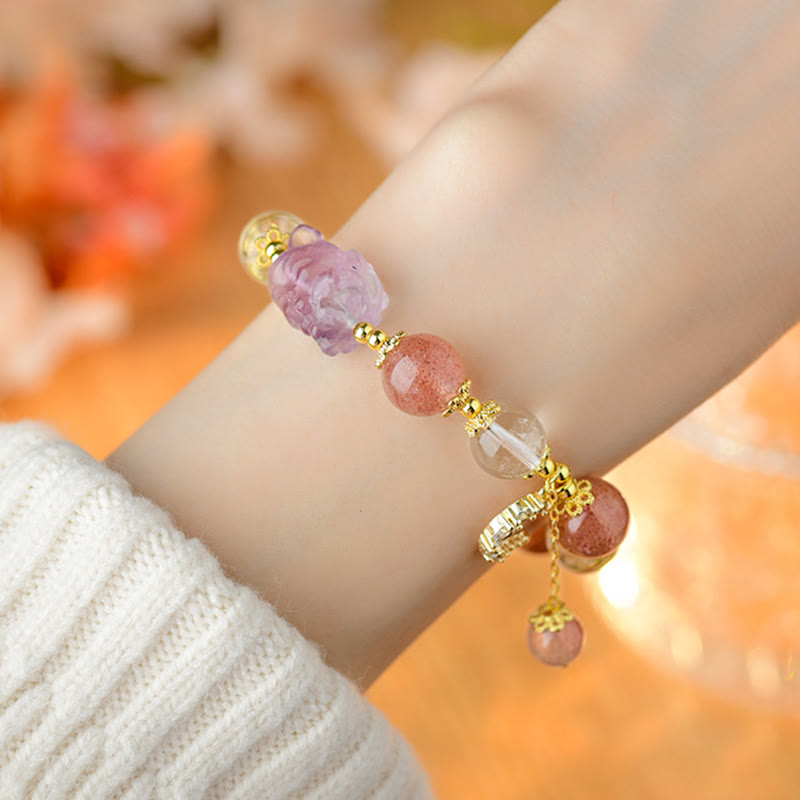 Foviel Natural White Strawberry Quartz Crystal Healing Love Nine Tailed Fox Moon Pendant Bracelet