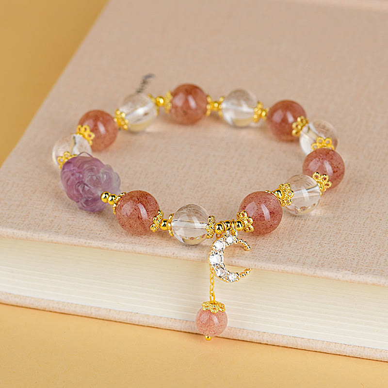 Foviel Natural White Strawberry Quartz Crystal Healing Love Nine Tailed Fox Moon Pendant Bracelet