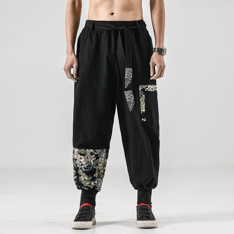 Buddha Stones Ocean Waves Lace-up Men's Harem Pants With Pockets - Black - US/UK/AU46,EU56 (5XL) - image 0