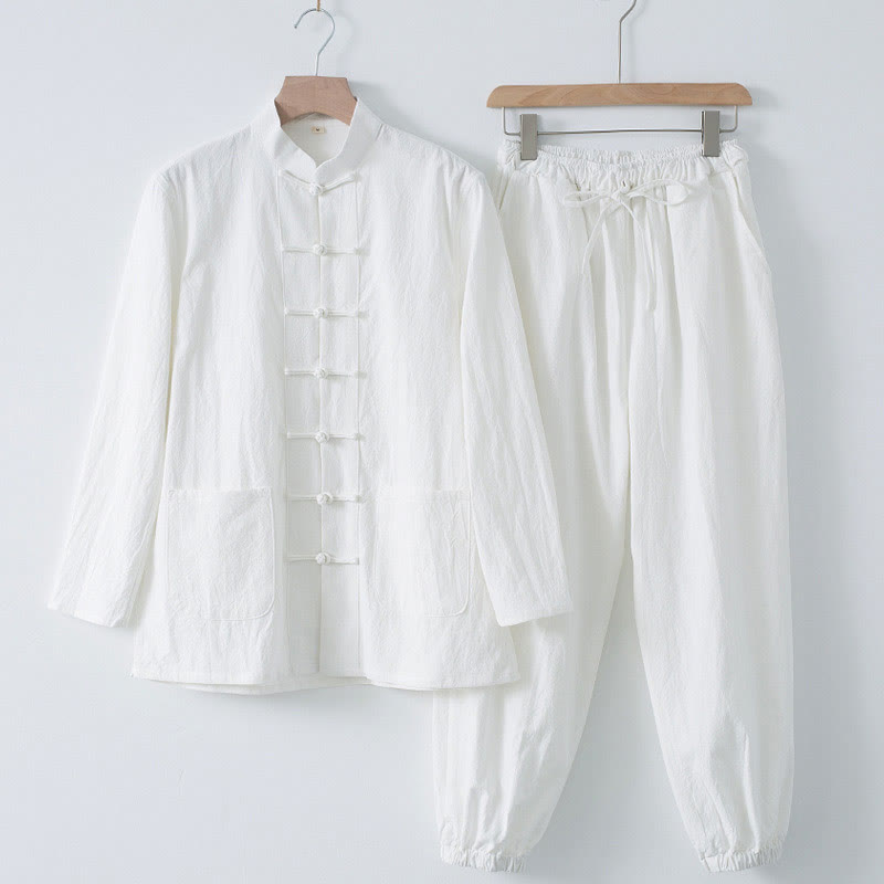 Buddha Stones Meditation Frog-Button Tang Long Sleeve Shirt Pants Men's Suit - White Shirt&White Pant - US/UK/AU44,EU54 (4XL) - image 1