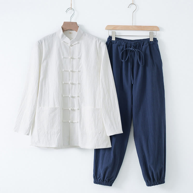 Buddha Stones Meditation Frog-Button Tang Long Sleeve Shirt Pants Men's Suit - White Shirt&DarkBlue Pant - US/UK/AU44,EU54 (4XL) - image 21