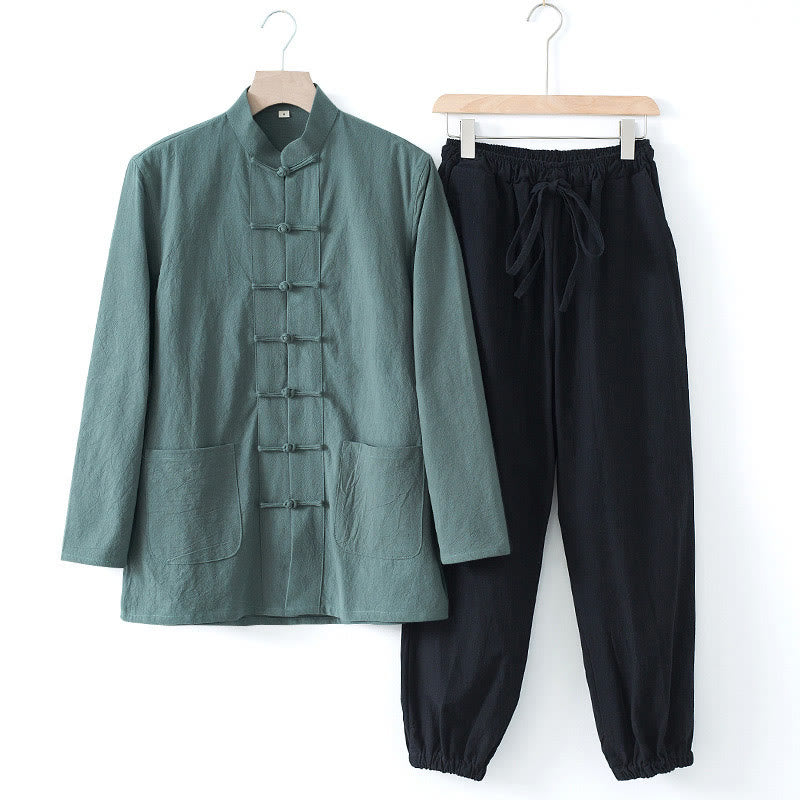 Buddha Stones Meditation Frog-Button Tang Long Sleeve Shirt Pants Men's Suit - CadetBlue Shirt&Black Pant - US/UK/AU44,EU54 (4XL) - image 24