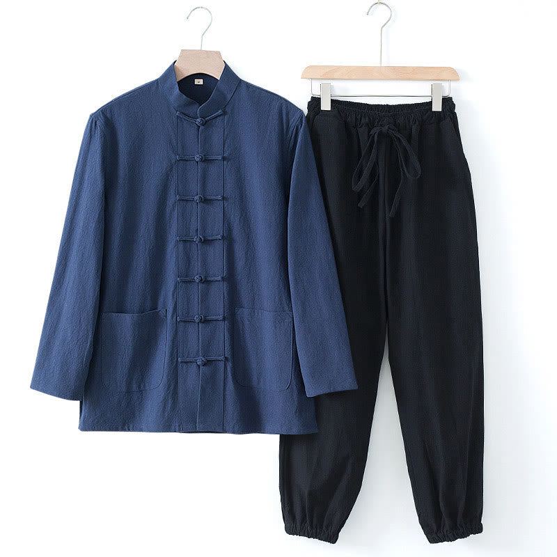 Buddha Stones Meditation Frog-Button Tang Long Sleeve Shirt Pants Men's Suit - DarkBlue Shirt&Black Pants - US/UK/AU44,EU54 (4XL) - image 0