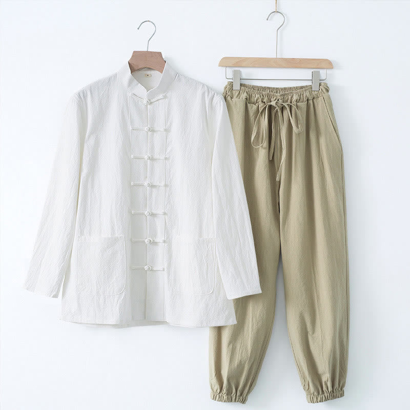 Buddha Stones Meditation Frog-Button Tang Long Sleeve Shirt Pants Men's Suit - White Shirt&Tan Pant - US/UK/AU44,EU54 (4XL) - image 18