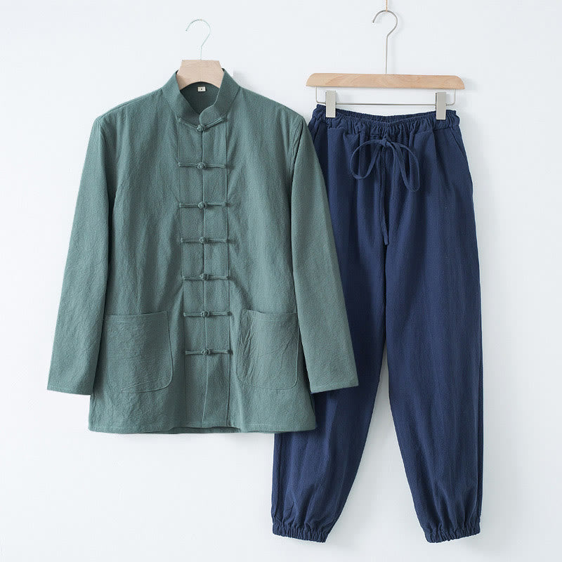 Buddha Stones Meditation Frog-Button Tang Long Sleeve Shirt Pants Men's Suit - CadetBlue Shirt&DarkBlue Pant - US/UK/AU44,EU54 (4XL) - image 25