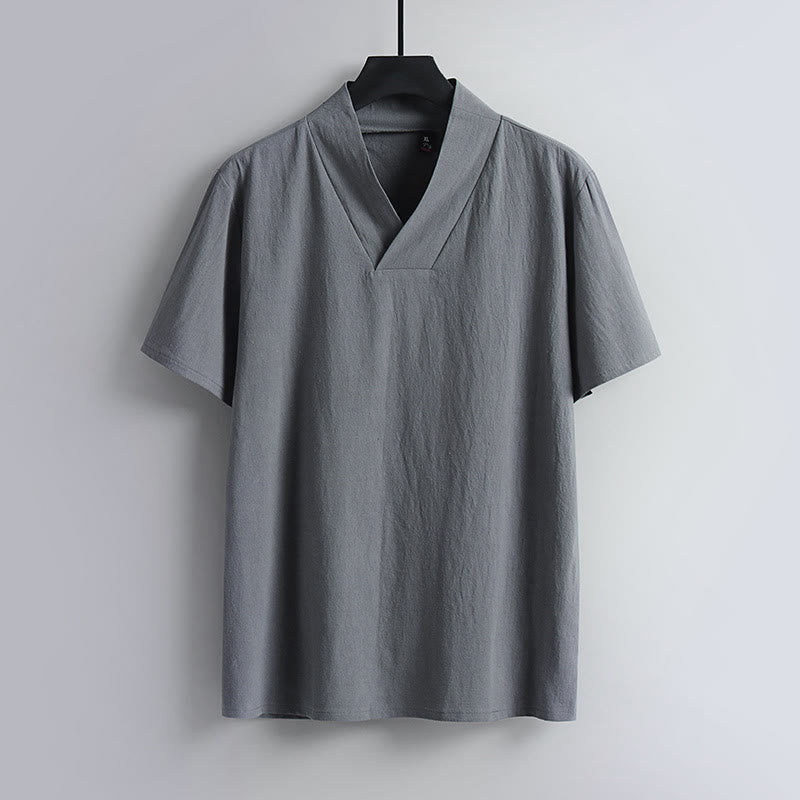 Buddha Stones Loose Men's T-Shirt Solid Color Top Short Sleeve V Collar Breathable Linen Shirt - Gray - US/UK/AU54,EU64 (9XL) - image 1