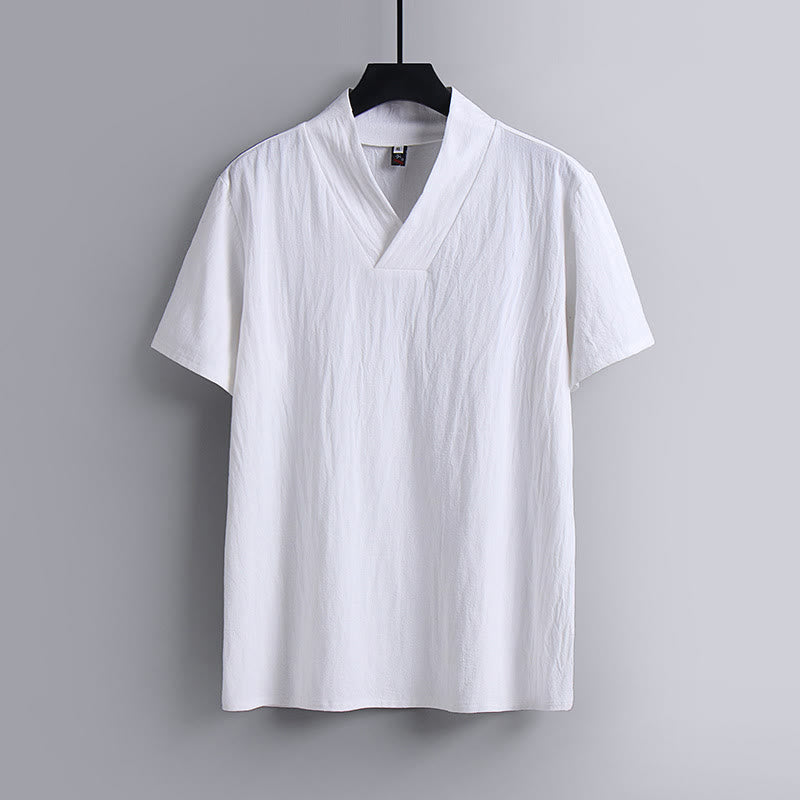 Buddha Stones Loose Men's T-Shirt Solid Color Top Short Sleeve V Collar Breathable Linen Shirt - White - US/UK/AU54,EU64 (9XL) - image 2