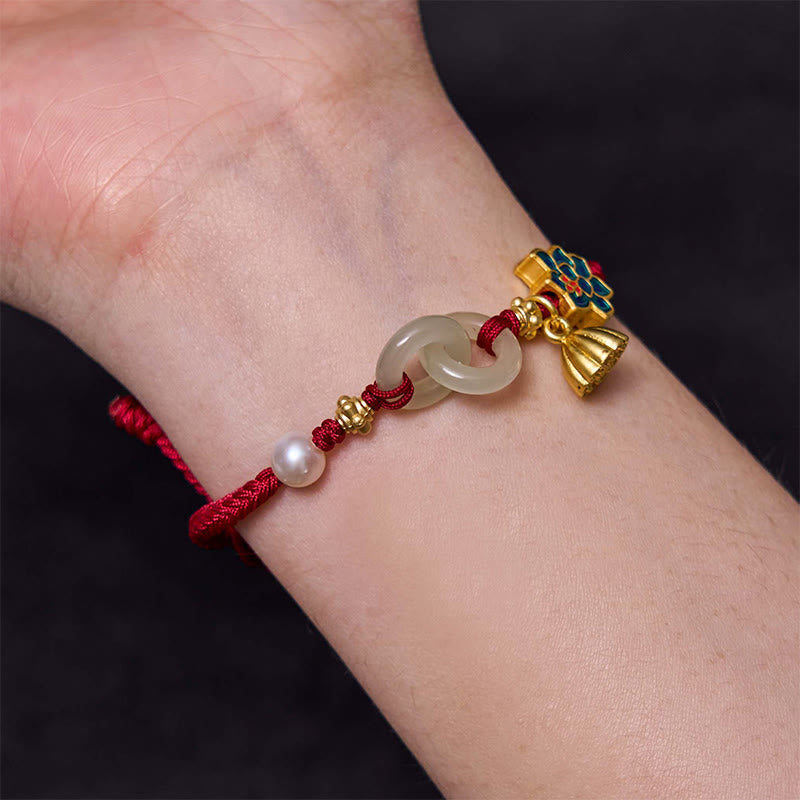 Bracelet porte-bonheur tressé avec boucle de paix en jade de Hetian Foviel motif lotus