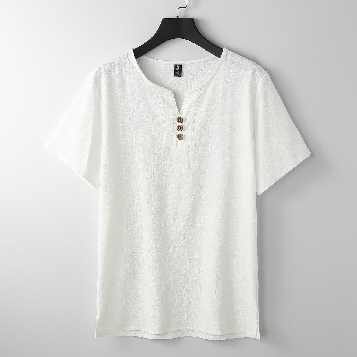 Foviel Men's T-Shirt Solid Color Top Short Sleeve Three-button V Collar Soft Shirt