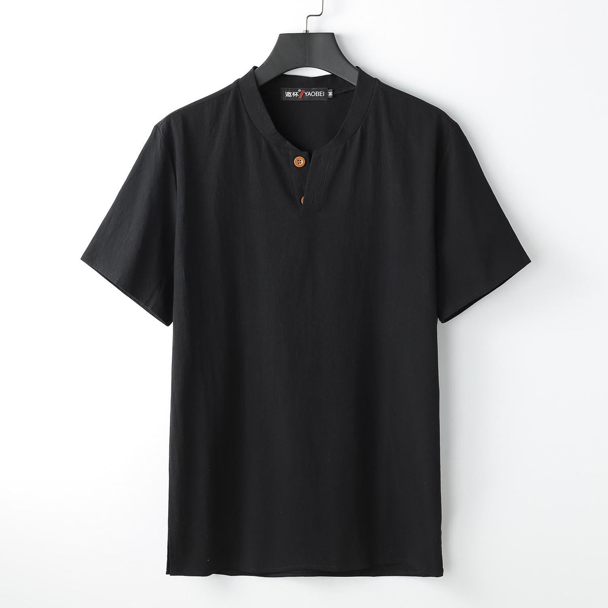 Buddha Stones Loose Men's T-shirt Solid Color Top Short Sleeve Button Notched Neck Soft Shirt - Black - US/UK/AU54,EU64 (9XL) - image 2