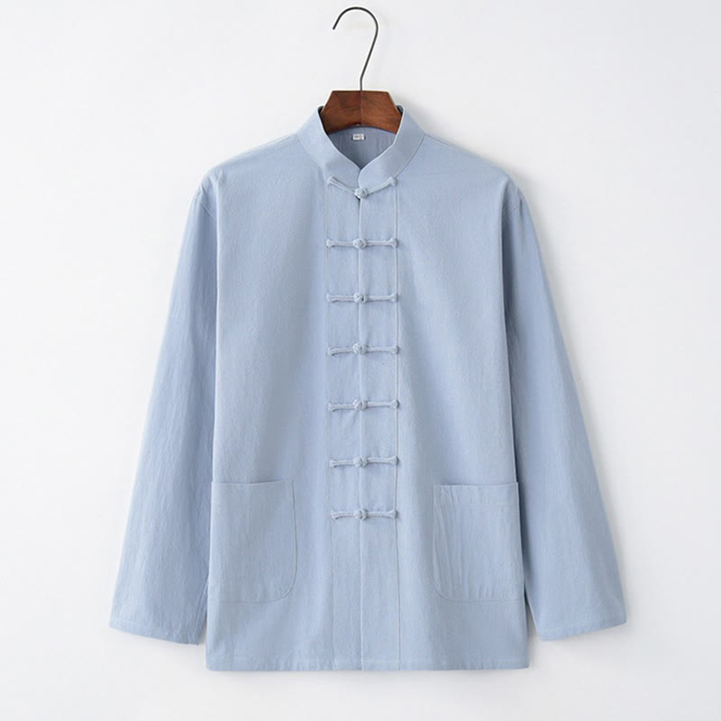 Buddha Stones Tang Frog-Button Long Sleeve Shirt Cotton Men's Clothing - LightSkyBlue - US/UK/AU44,EU54 (4XL) - image 6