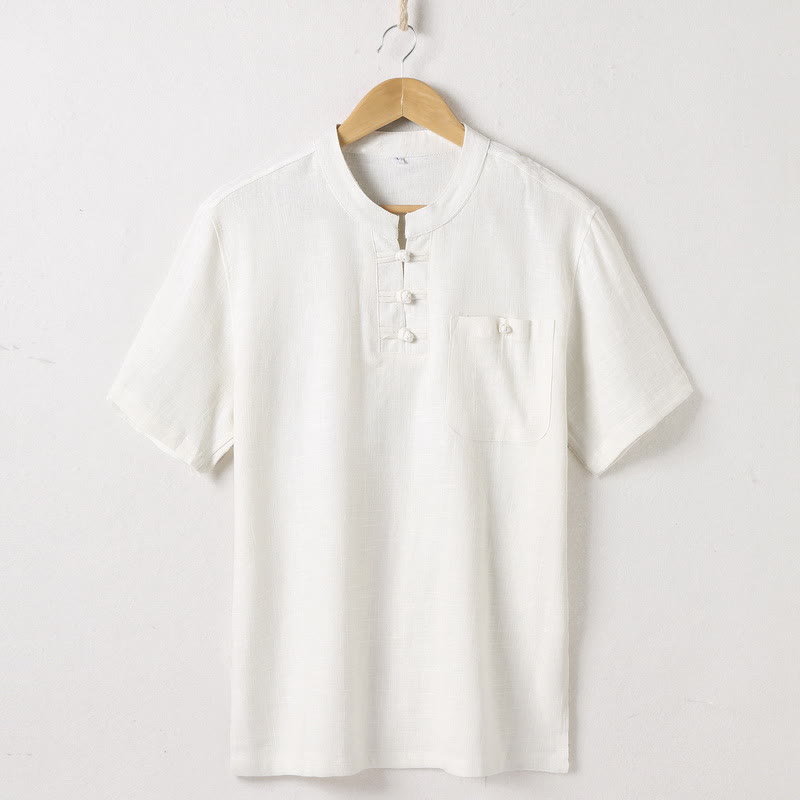 Buddha Stones Loose Men's Shirt Solid Color Notched Neck Top Short Sleeve Comfy Button Breathable Cotton Linen Shirt - Beige - US/UK/AU46,EU56 (5XL) - image 1
