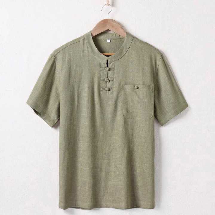 Buddha Stones Loose Men's Shirt Solid Color Notched Neck Top Short Sleeve Comfy Button Breathable Cotton Linen Shirt - Olive - US/UK/AU46,EU56 (5XL) - image 0