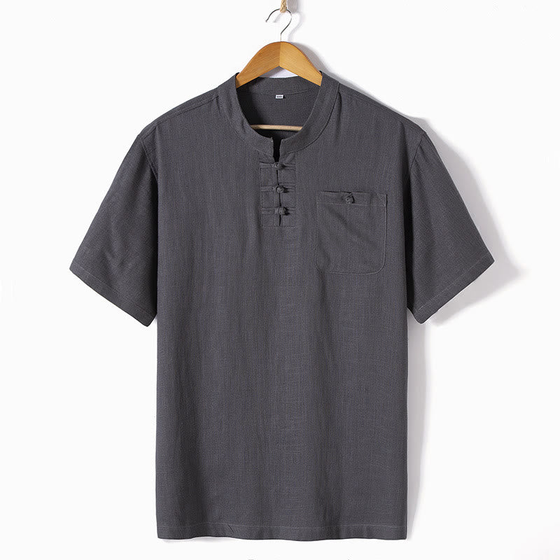 Buddha Stones Loose Men's Shirt Solid Color Notched Neck Top Short Sleeve Comfy Button Breathable Cotton Linen Shirt - Dark Gray - US/UK/AU46,EU56 (5XL) - image 3