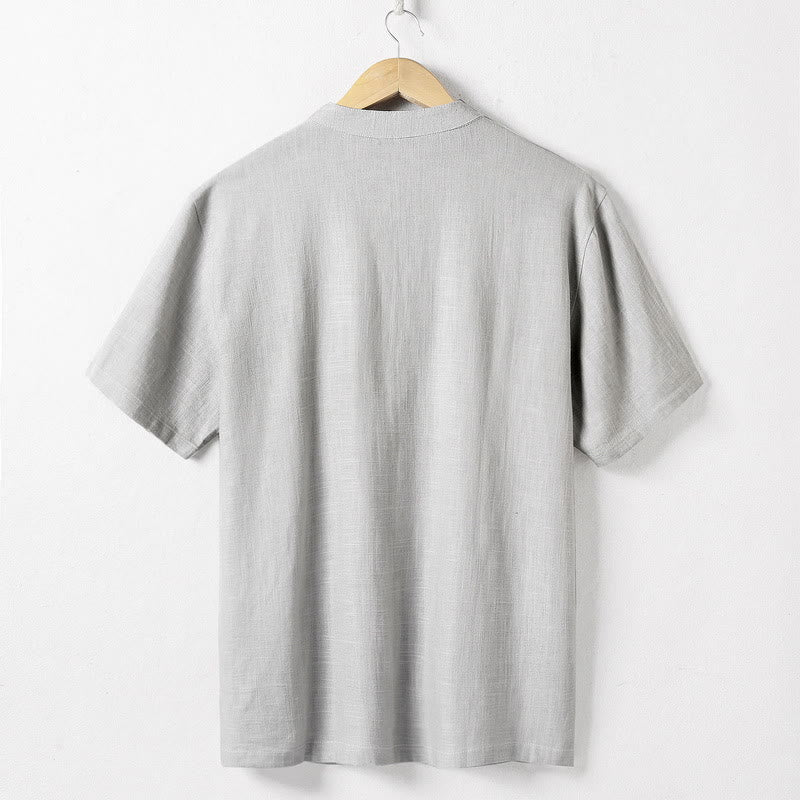 Buddha Stones Loose Men's Shirt Solid Color Notched Neck Top Short Sleeve Comfy Button Breathable Cotton Linen Shirt - image 5