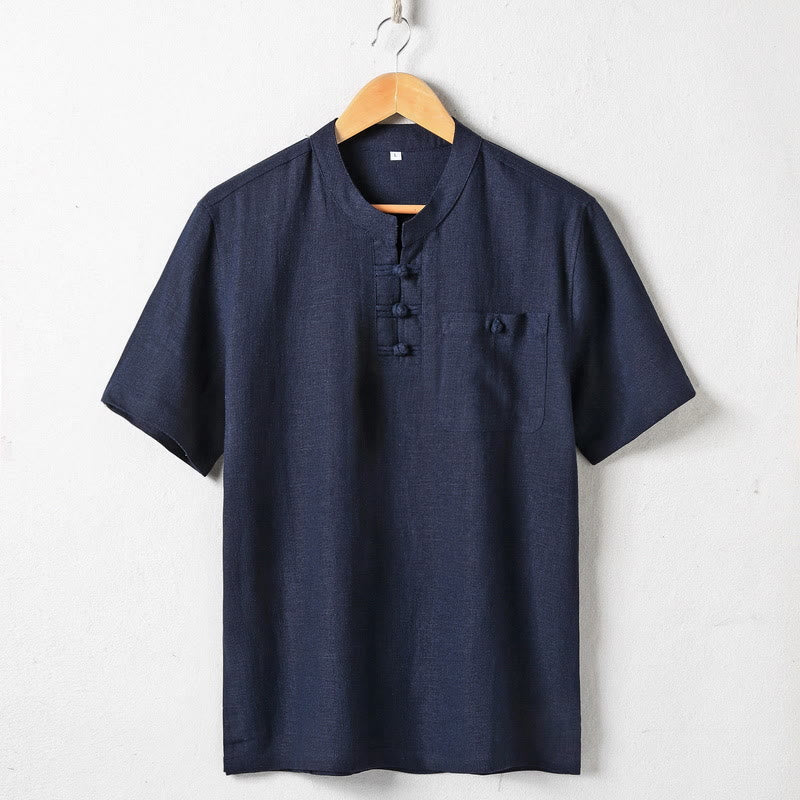 Buddha Stones Loose Men's Shirt Solid Color Notched Neck Top Short Sleeve Comfy Button Breathable Cotton Linen Shirt - MidnightBlue - US/UK/AU46,EU56 (5XL) - image 2