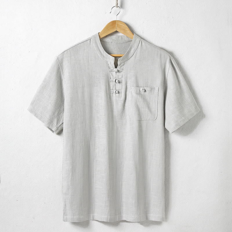 Buddha Stones Loose Men's Shirt Solid Color Notched Neck Top Short Sleeve Comfy Button Breathable Cotton Linen Shirt - Gainsboro - US/UK/AU46,EU56 (5XL) - image 4