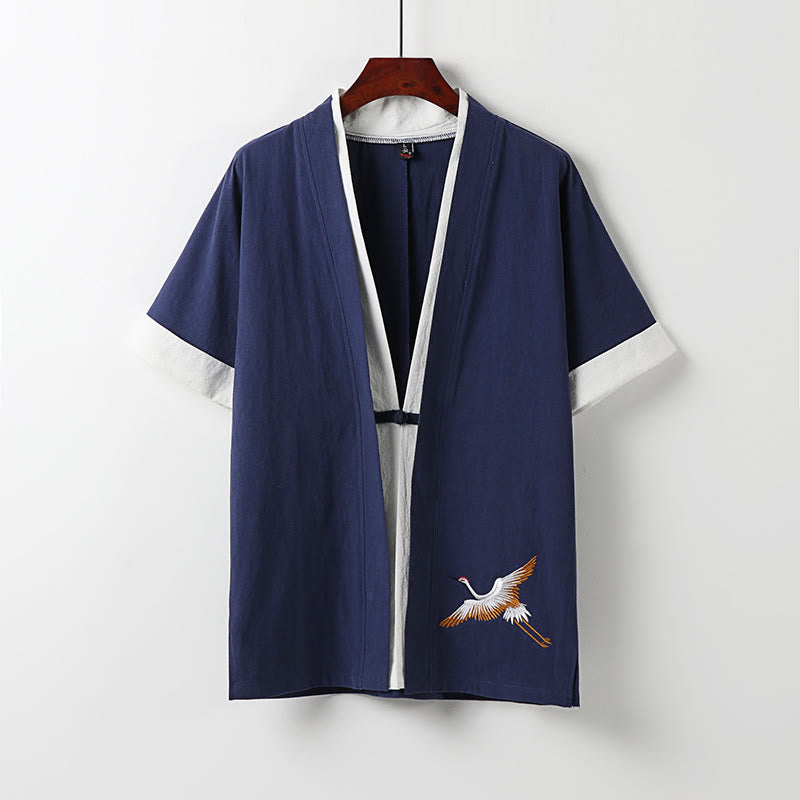 Buddha Stones Fake Two-piece Men's Half Sleeve Embroidery Hanfu Comfort Cotton Kimono - DarkBlue - US/UK/AU54,EU64 (9XL) - image 2