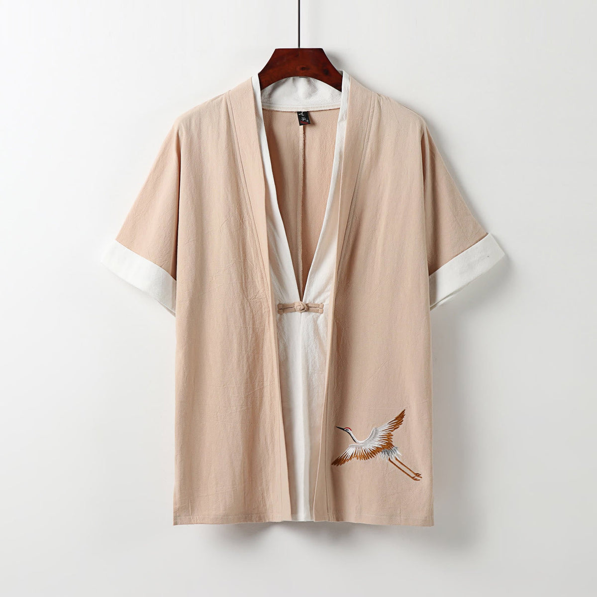 Buddha Stones Fake Two-piece Men's Half Sleeve Embroidery Hanfu Comfort Cotton Kimono - PeachPuff - US/UK/AU54,EU64 (9XL) - image 12